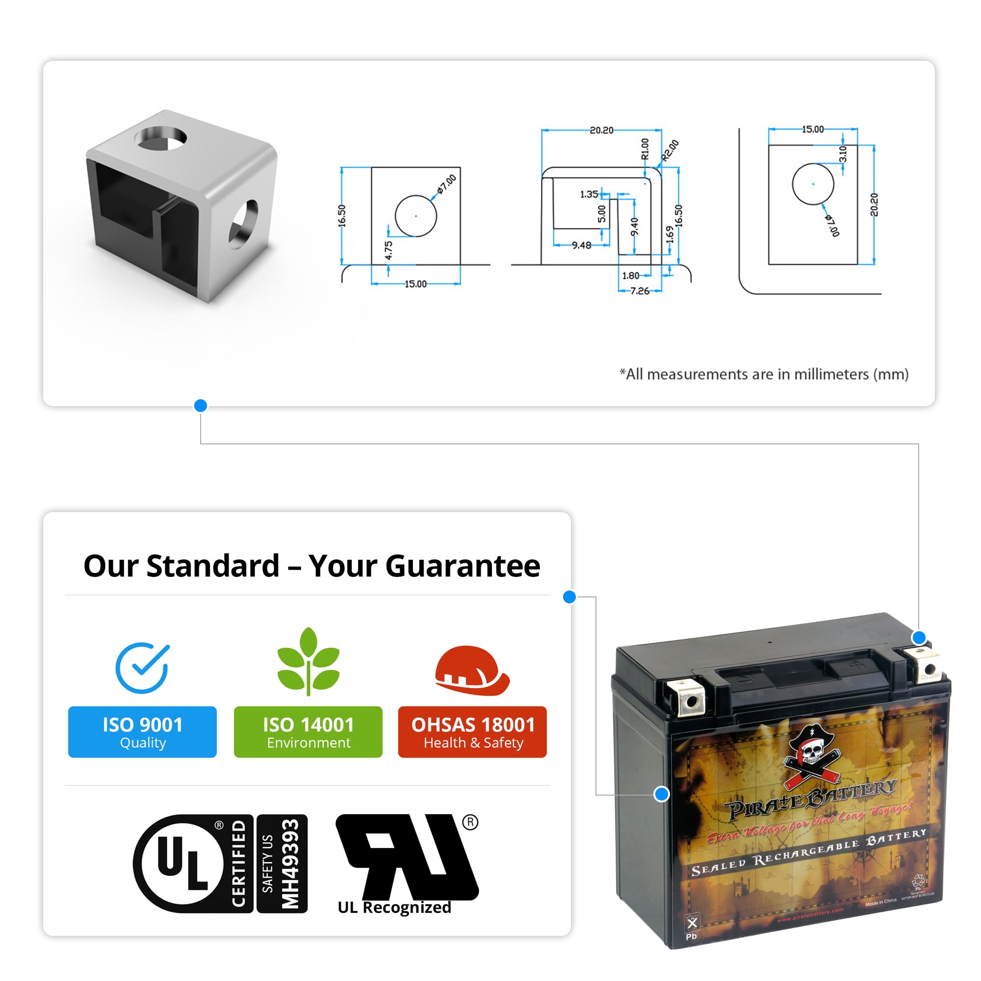 Pirate Battery YTX20HL-BS (20HL-BS 12 Volt,18 Ah, 310 CCA) High Performance - Maintenance Free - Sealed AGM Motorcycle Battery