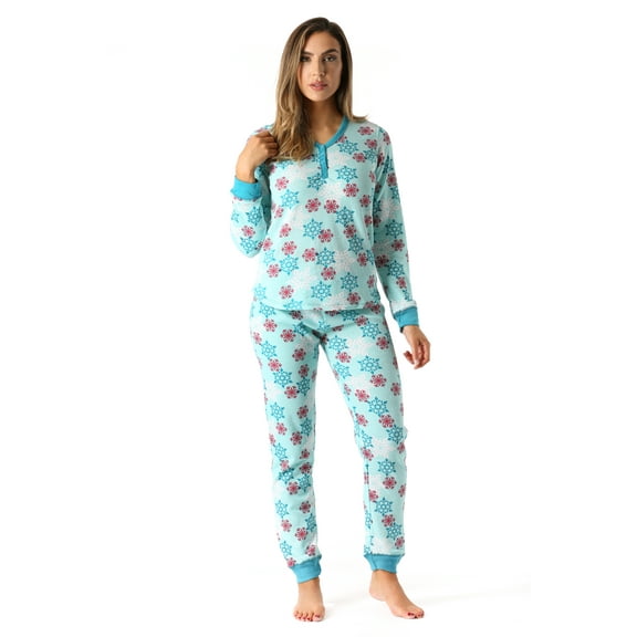 #FollowMe Women's Printed Henley Thermal Underwear Set with Jogger Pant (Aqua - Snowflake, X-large)