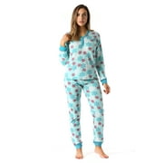 #FollowMe Women's Printed Henley Thermal Underwear Set with Jogger Pant (Aqua - Snowflake, X-large)