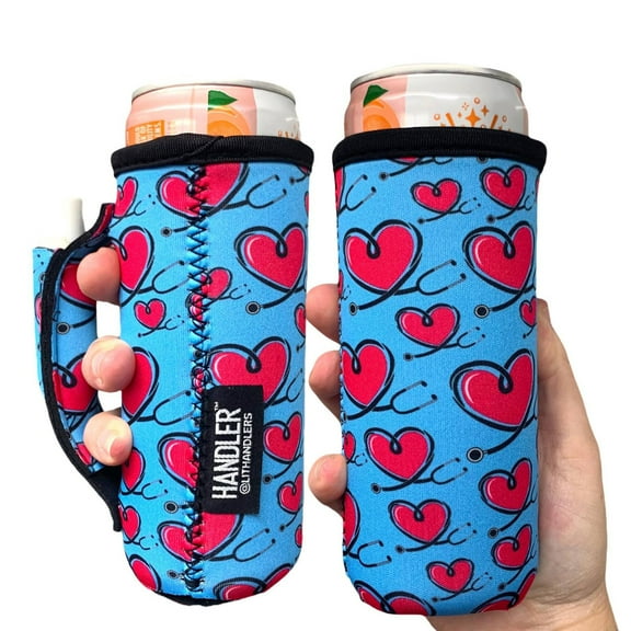 Lit Handlers Soda Can Covers - 12 oz Slim Drink Skinky Beer Holder Sleeve with Handle - Love a Nurse with Hearts & Stethoscopes Design Insulated, Leak-Proof, Tear-Resistant, Machine-Washable Neoprene