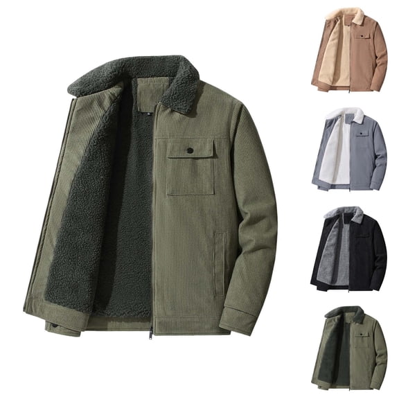 Fleece Lined Corduroy Jacket Men Long Sleeve Loose Casual Lapel Collar Zip Up Warm Coats with Pockets Fall Winter Outerwear