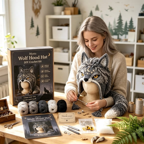 Animal Hood Hat DIY Crochet Kit for Beginners Adults, 4 Styles Dragon Fox Wolf Frog Earflap Hat Crochet Craft Set with Full Yarn Tools Step-by-Step Instruction, Handmade Winter Hat Making Supplies