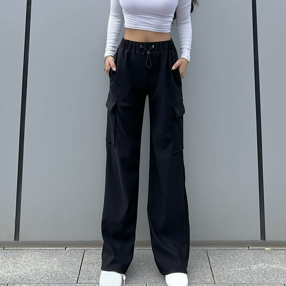 QATAINLAV Gifts for Mom! Jean Cargo Pants for Women Baggy Wide Leg Parachute Pants Elastic Mid Waist Solid Denim Work Trousers with Pockets Black S