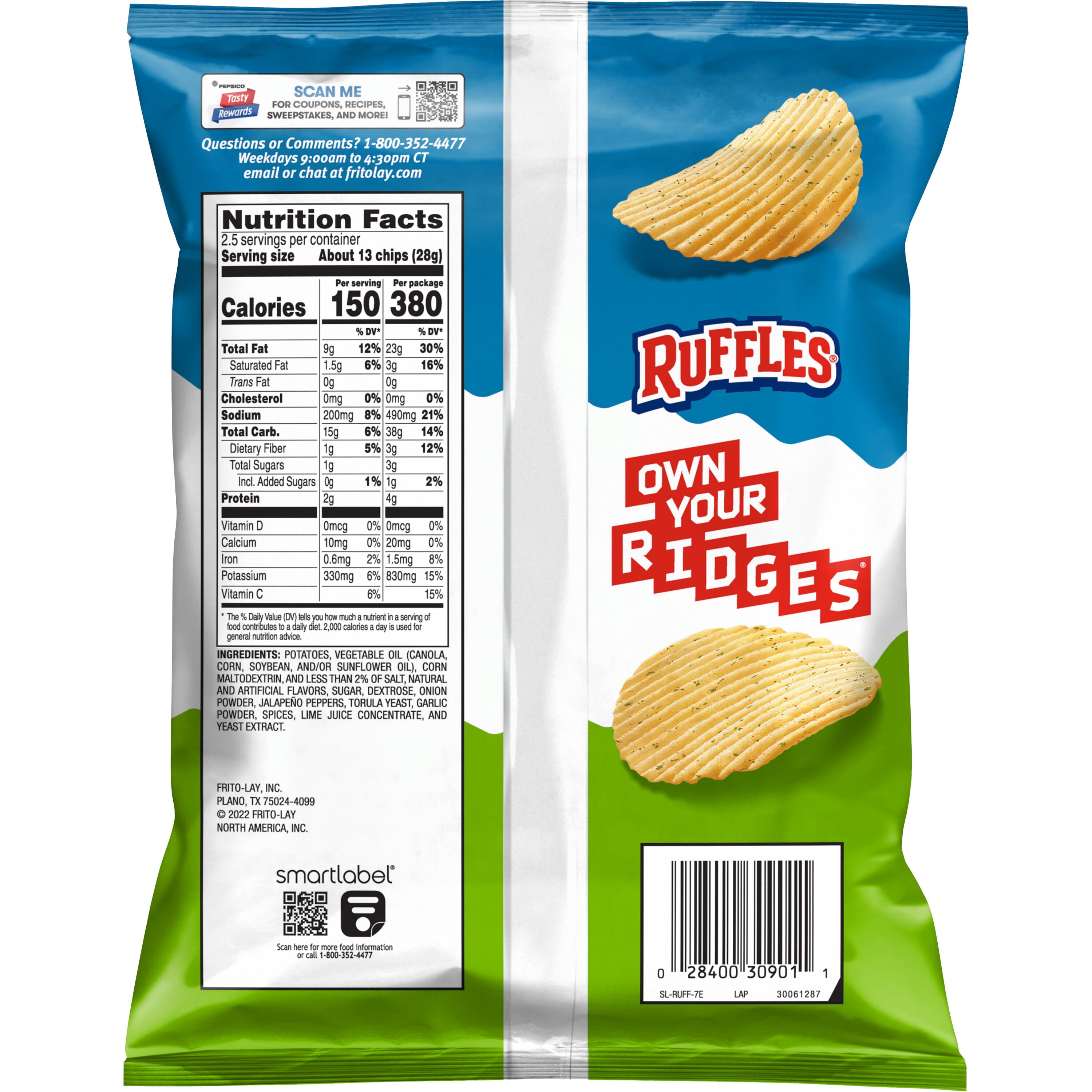 Ruffles Potato Chips Lime & Jalapeno Flavored Snack Chips, 2.5Ounce Bag Single Pack