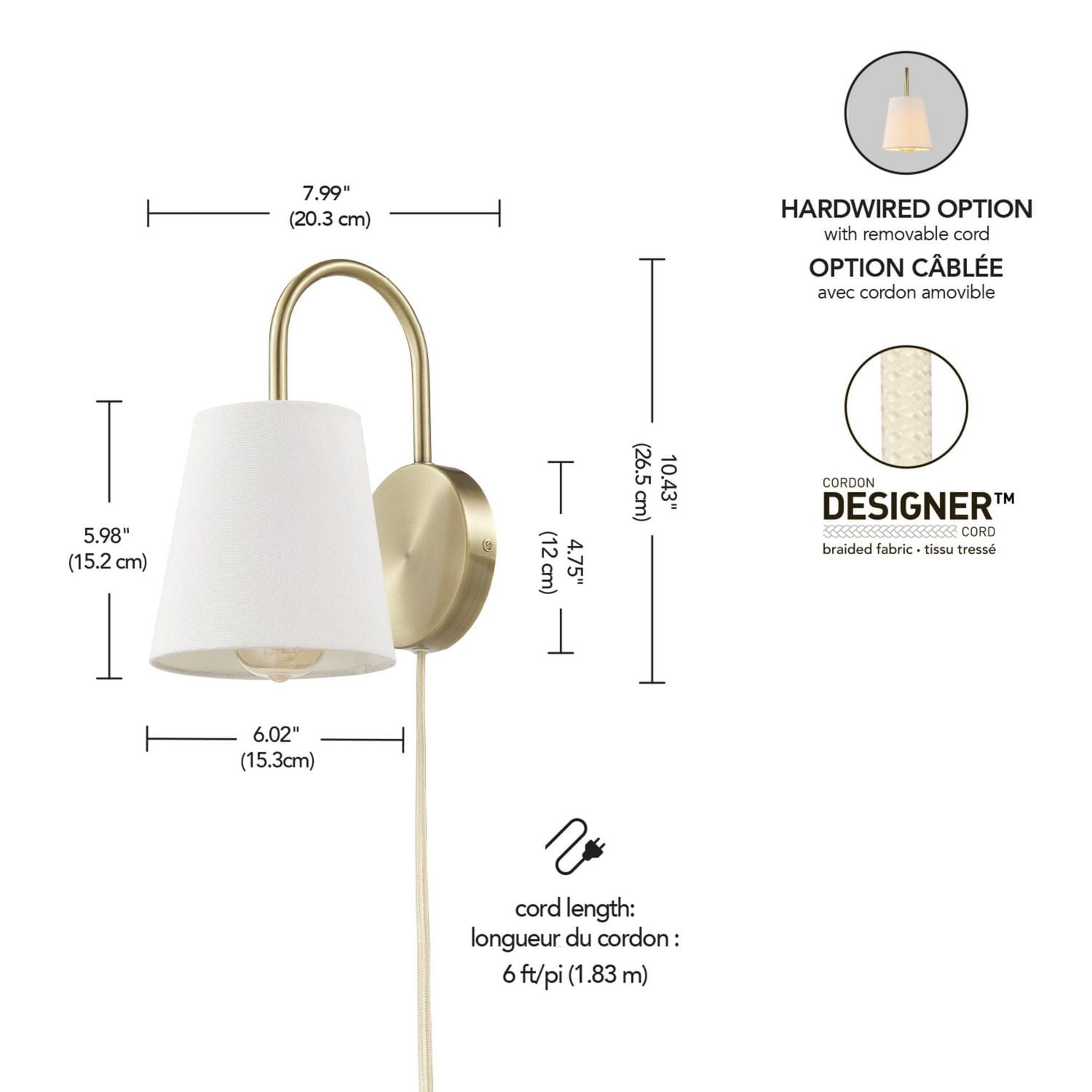 Novogratz x Globe 1-Light Matte Brass Hardwire or Plug-In Wall Sconce with White Textured Shade