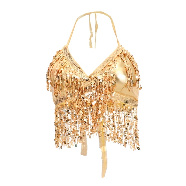 Traje De Danza Del Vientre Sujetador Halter Top Lentejuela Performance Outfits Golden SM SunniMix Traje de baile sujetador