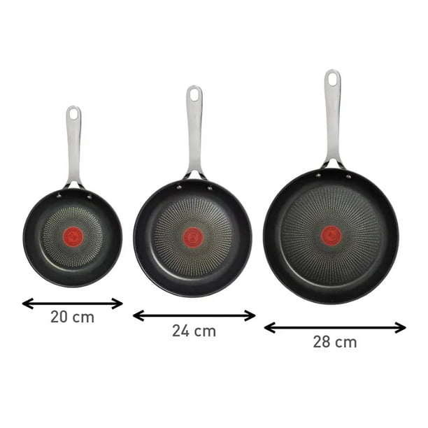 Tefal Jamie Oliver Cook's Direct Stainless Steel, 2 Piece Frying Pan Set,  24 & 28cm, Non-Stick Coating, Heat Indicator, Riveted Safe-Grip Handle