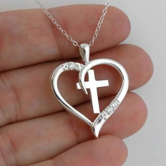 14K White Gold Plated 1Ct Round Cut Lab Created Diamond Cross Heart Pendant