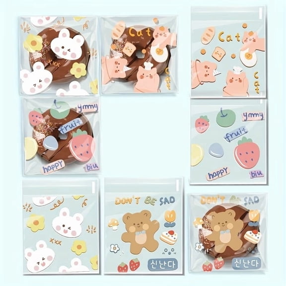 100-Pack Resealable Gift Bags with Cute Cartoon Bear and Bunny Designs for Kids' Celebrations