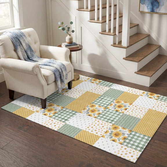 Area Rugs 4'x6'. Yellow Green Checkered Floral Carpet Runner Indoor Outdoor Rugs Home Decor Aesthetic, Farmhouse Art Flowers Buffalo Non Slip Mats Washable Accent Rug for Living Room Bedroom