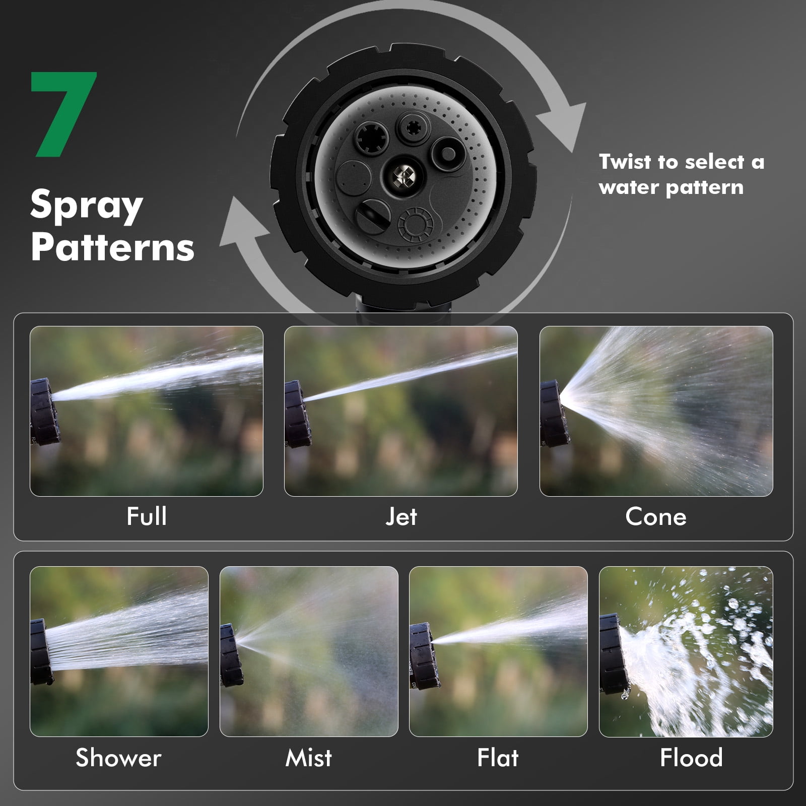 Restmo Ergonomic Zinc-alloy Garden Hose Nozzle, 7 Watering Patterns, Thumb Control, High Pressure Sprayer，Black