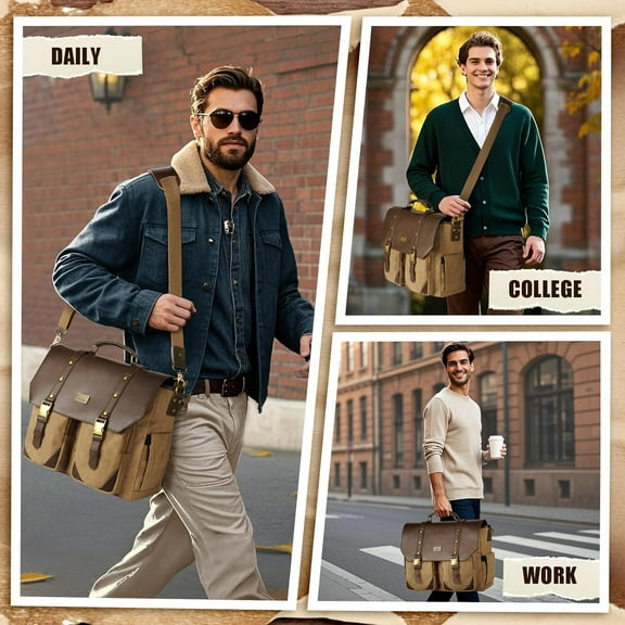 Vintage Laptop Bag with USB Charging Port & RFID Blocking, Durable Canvas Briefcase for Men 15.6 Inch Work Commuter Bag