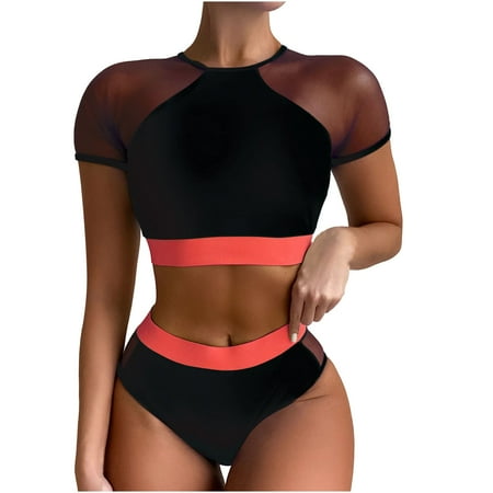 QLEICOM Womens Swimsuits Tummy Control Plus Size Swimsuit Coverup Sexy Split Bikini Two-Piece Color Matching Beach Padded Bra Swimsuit Black L