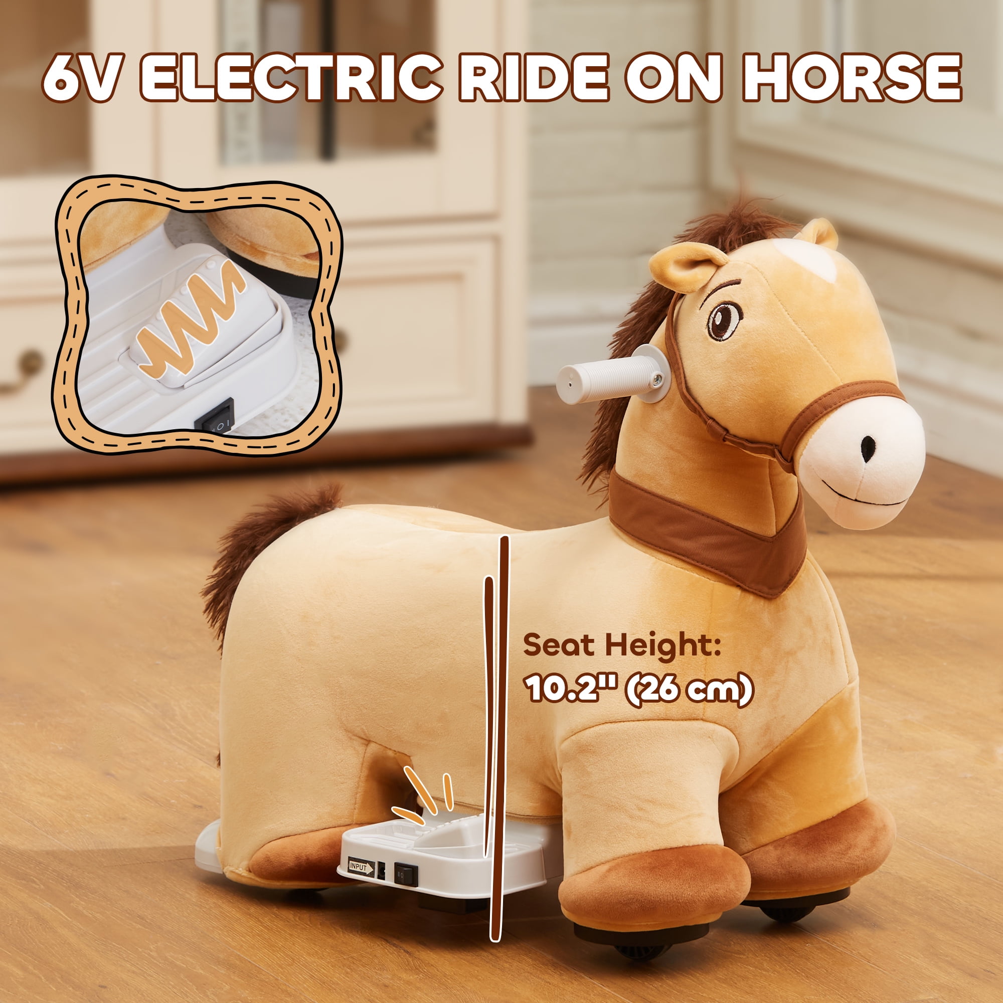Qaba 6V Ride on Horse, Battery Powered Electric Ride on Pony with Music Forward, PU Wheels, Soft Touch, for Girls Boys Aged 18-36 Months, Brown