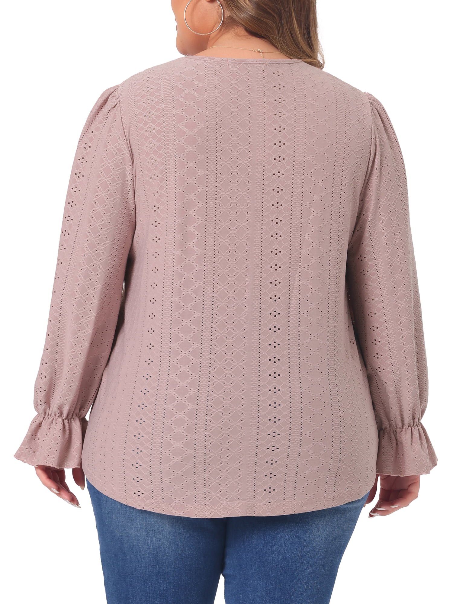 DARING DIVA Women's Plus V Neck Ruffle Long Sleeve Lace Crochet Casual Blouse 3X Pink