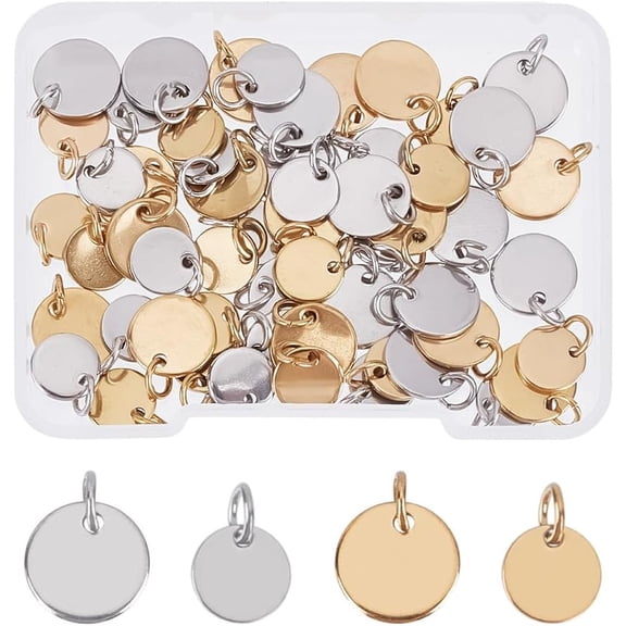 60 Pcs 304 Stainless Steel Flat Round Charms 2 Colors 2 Sizes Stamping Tag Blank Charms 8mm 10mm Plating Charms with Loop for Jewelry Crafts Necklace Making Mixed Color