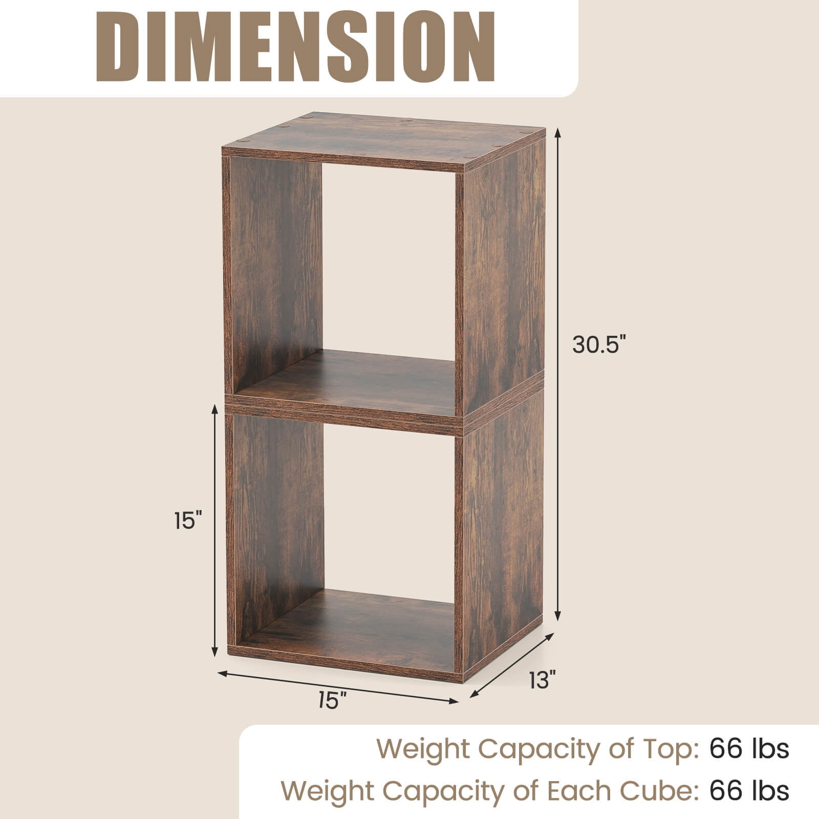 Costway 2 PCS Stackable Storage Cube Free-standing Storage Organizer Bookcase for Bedroom Brown