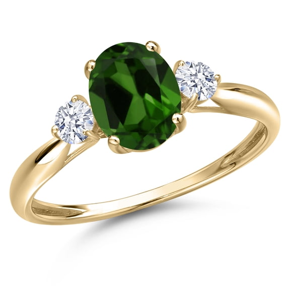 Gem Stone King 10K Yellow Gold Green Chrome Diopside and White Zirconia 3-Stone Ring for Women | 1.42 Cttw | Oval 8X6MM | Gemstone Birthstone | Size 8