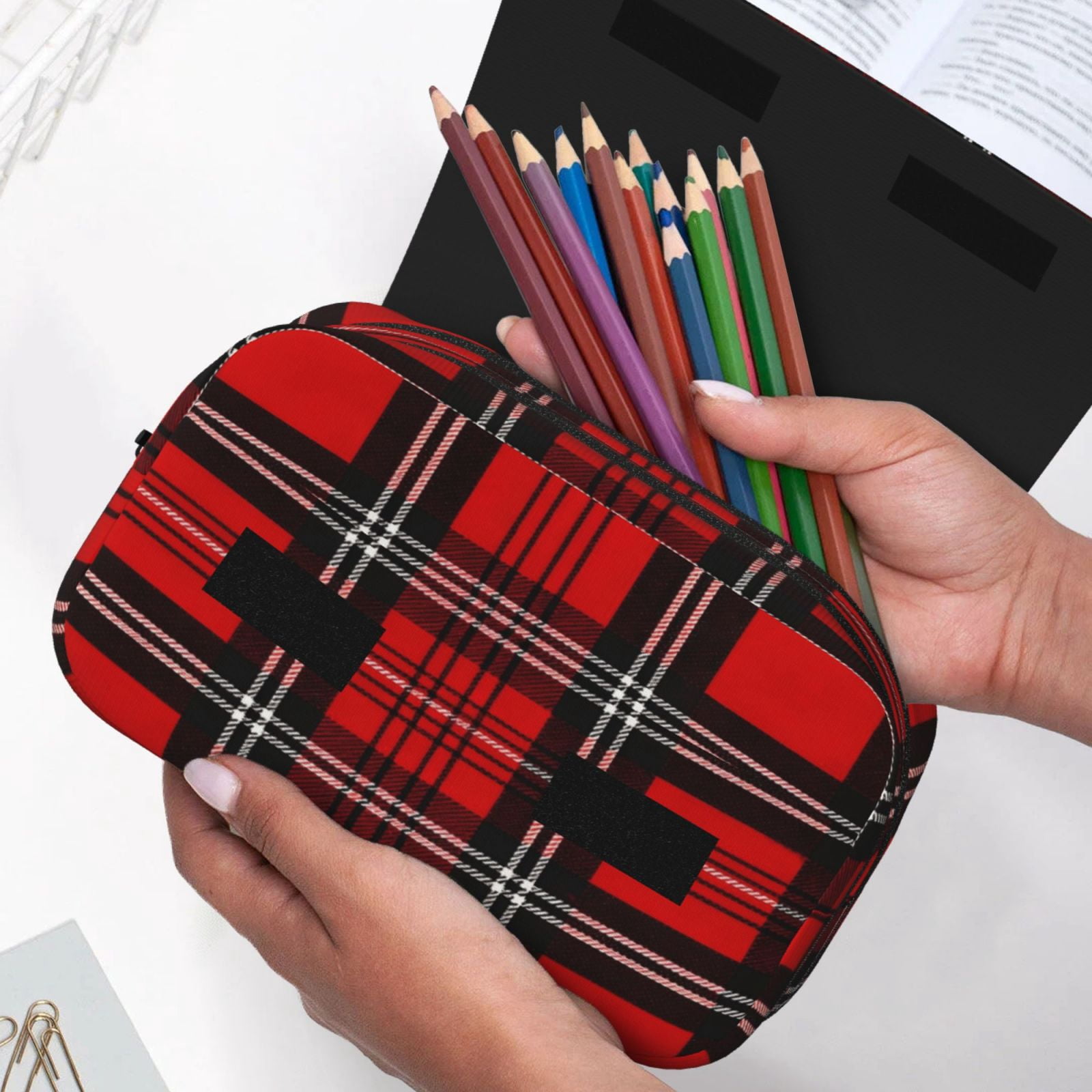 Large-Capacity Flip-Top Double-Layer Pencil Case, Multi-Functional Pocket Pen Case, Durable Stationery Organizer Red And Black Checkered Pattern (2)