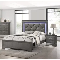 Glamorous Gray Queen Size 3Pc Bedroom Set Panel Bed w LED Unique Tufted HB Nightstands Wooden Furniture