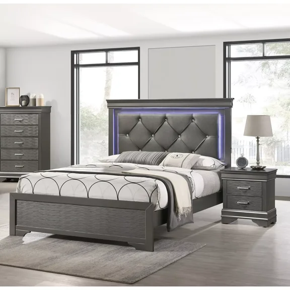 Glamorous Gray Queen Size 3Pc Bedroom Set Panel Bed w LED Unique Tufted HB Nightstands Wooden Furniture