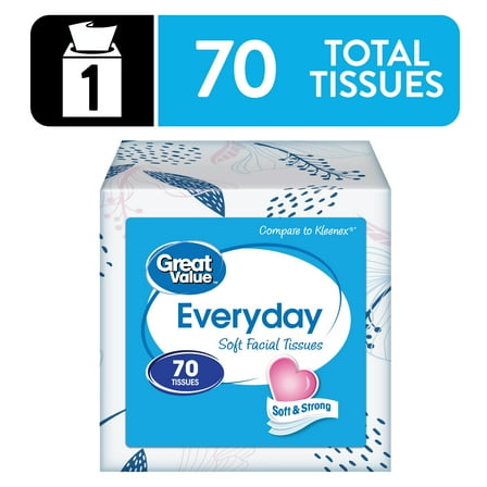 Great Value Everyday Soft Facial Tissues, 1 Cube, 70 Tissues per Cube, 2-Ply, Compare to Kleenex®
