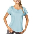thumbnail image 3 of Htigea Clearance Workout Tops for Women Short Sleeve Athletic Tees Round Neck Yoga Running Tshirts Shirts Blue,L, 3 of 5