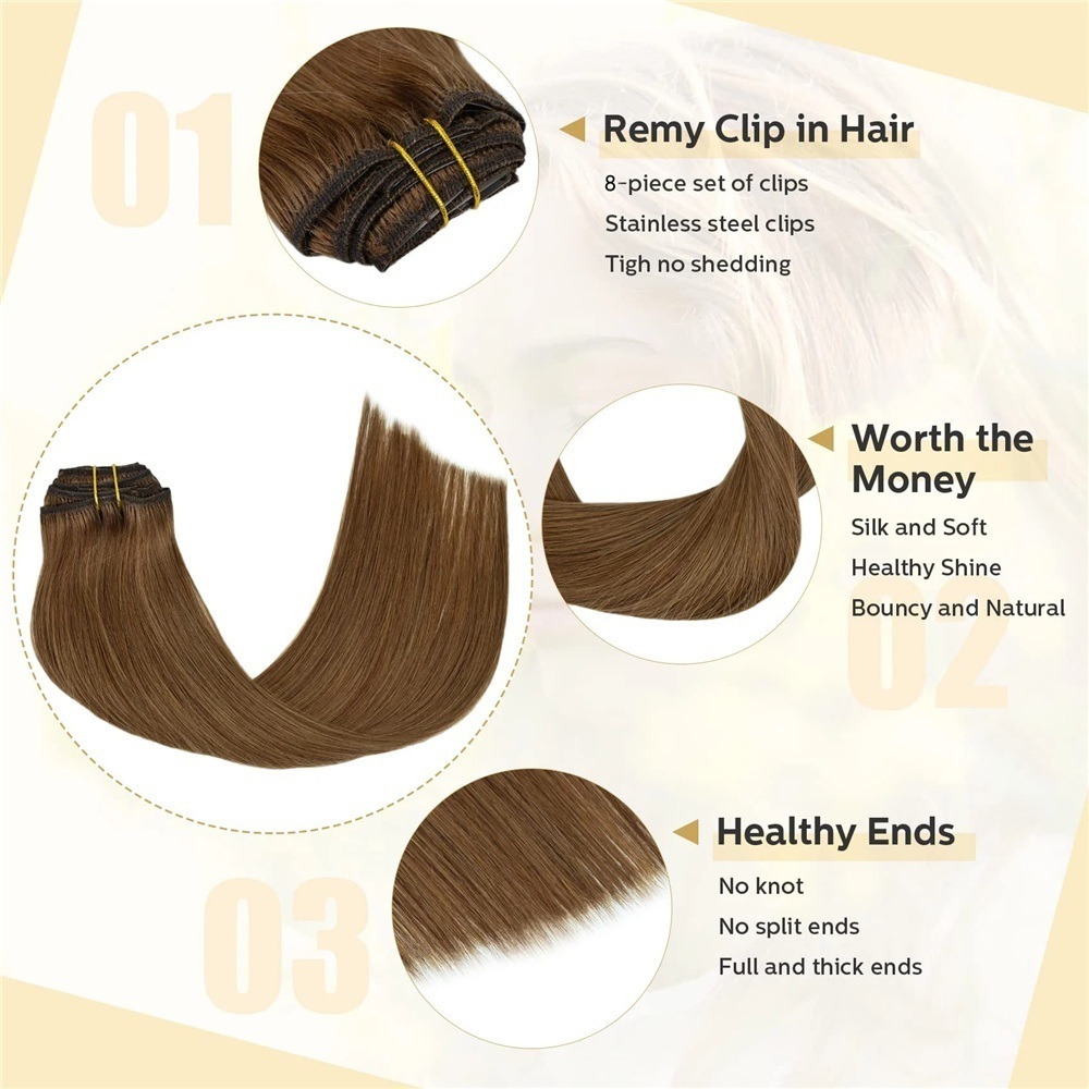 Clip In Hair Extensions Real Human Hair #6 Chestnut Brown 120G 8Pcs Double Weft Thick Silky Straight Clip In Remy Hair Extensions