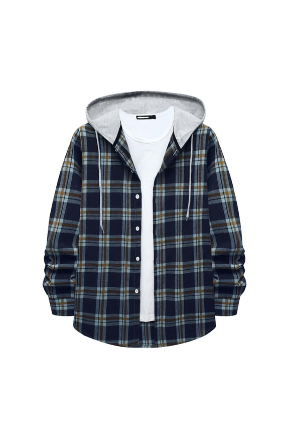 Men's Casual Plaid Flannel Jacket with Hoodie Lightweight Fall Winter Long Sleeve Button Down Plaid Flannel Hooded Shirt Blue XXL