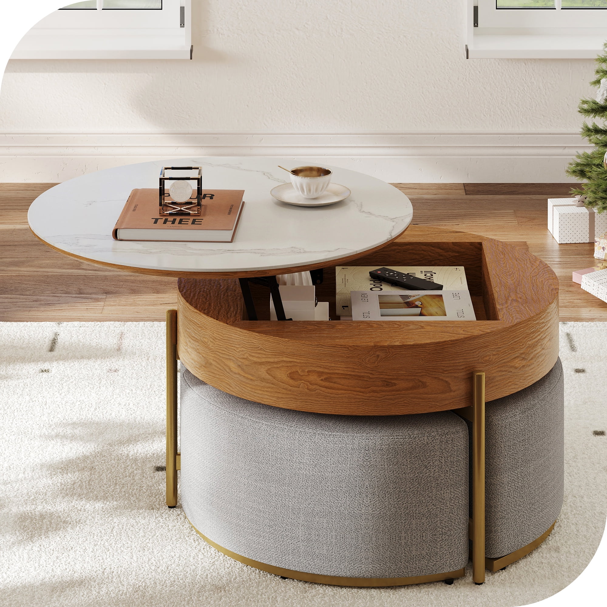Uforic Round Lift-Top Coffee Table with Storage & 3 Stools, Faux Marble Center Table for Living Room