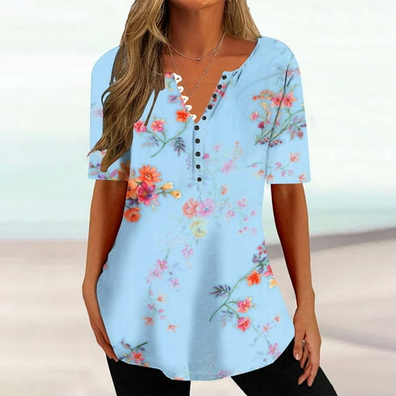 Wycnly Summer Tops for Women Going Out Tops for Women Button up Lightweight Comfy Loose Hem Blouses Henley Shirt Trendy Floral Blouses Ladies V-Neck Short Sleeve Tunic Top