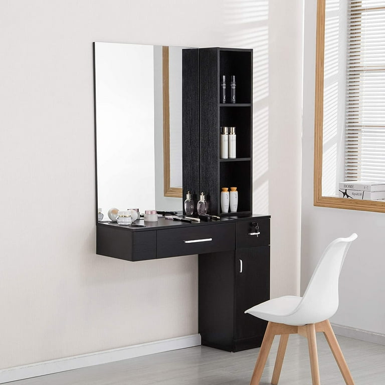BarberPub Wall Mount Salon Station Hair Styling with Mirror Beauty Salon Spa Equipment Set 3026 Right Shelf Black