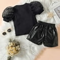 thumbnail image 4 of REORIAFEE Toddler Girl Summer Outfits Floral Clothes Yoga Set Toddler Kids Baby Girls Puff Sleeve Tops + Lace Up Shorts Outfits Set Black 6-7 Years, 4 of 5
