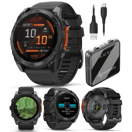 Garmin Fenix 8 51 mm, AMOLED Multisport GPS Smartwatch, Slate Gray with Black Silicone Band, Built-in LED Flashlight with Wearable4U Power Bank Bundle