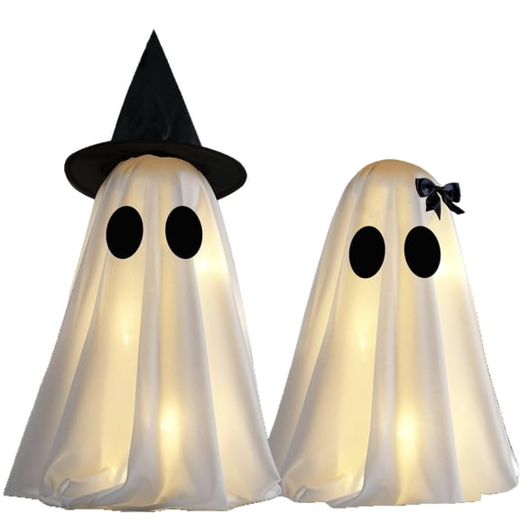 2pcs Halloween Light Up Standing Ghost Couple Tabletop Ornament for Holiday Party Fireplace Table Home Decor