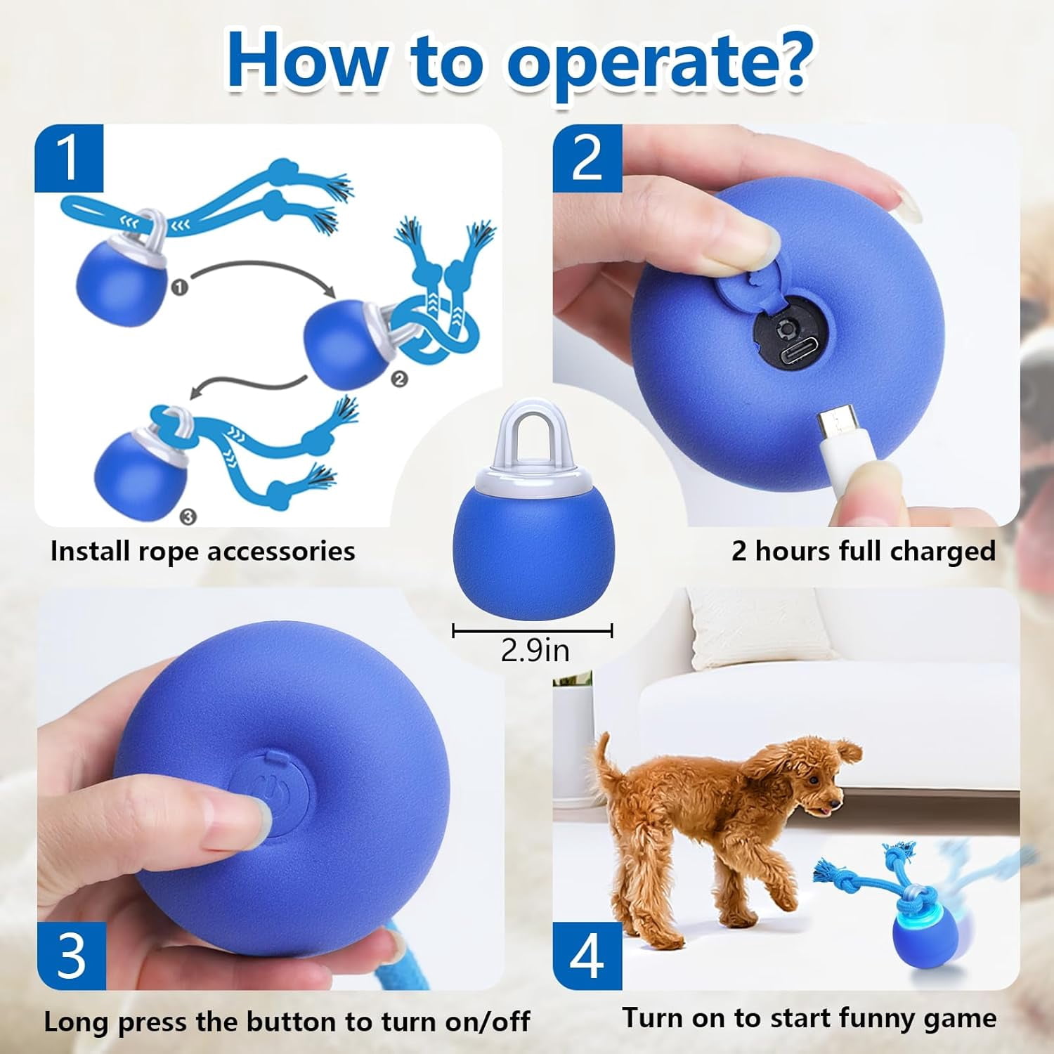 Interactive Dog Toys Touch Activated Bouncing & Jumping Dog Ball with Rope, Squeaky Doggie Toys