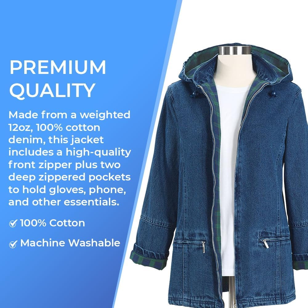 Sagefinds Women’s Flannel Lined Denim Jacket – Women Jeans Jacket | Detachable Hood | Zip Front-Side Pocket - X-Large