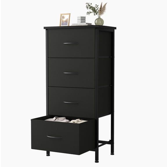 Brown 4 Drawer Fabric Storage Dresser Tower with Wood Top, Sturdy Steel Frame Organizer with Easy Pull Fabric Drawers, Space Saving Furniture for Bedroom Closet Entryway