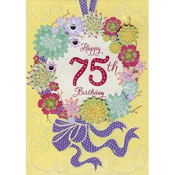 Designer Greetings Die Cut Tip On Flowers with Sequins Hand Decorated Keepsake Age 75 / 75th Birthday Card for Her
