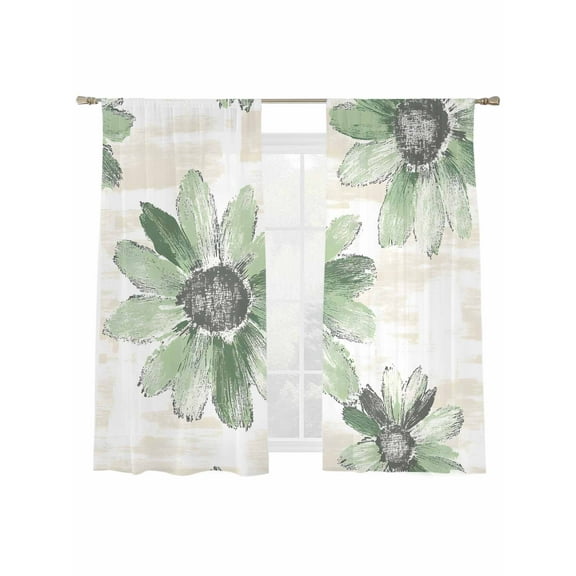 Green Floral Sheer Curtains 63 Inch Long 2 Panels, Vintage Flowers Light Filtering Rod Pocket Semi Sheer Curtains, Sheer Voile Drapes for Living Room Bedroom, 52"x63"