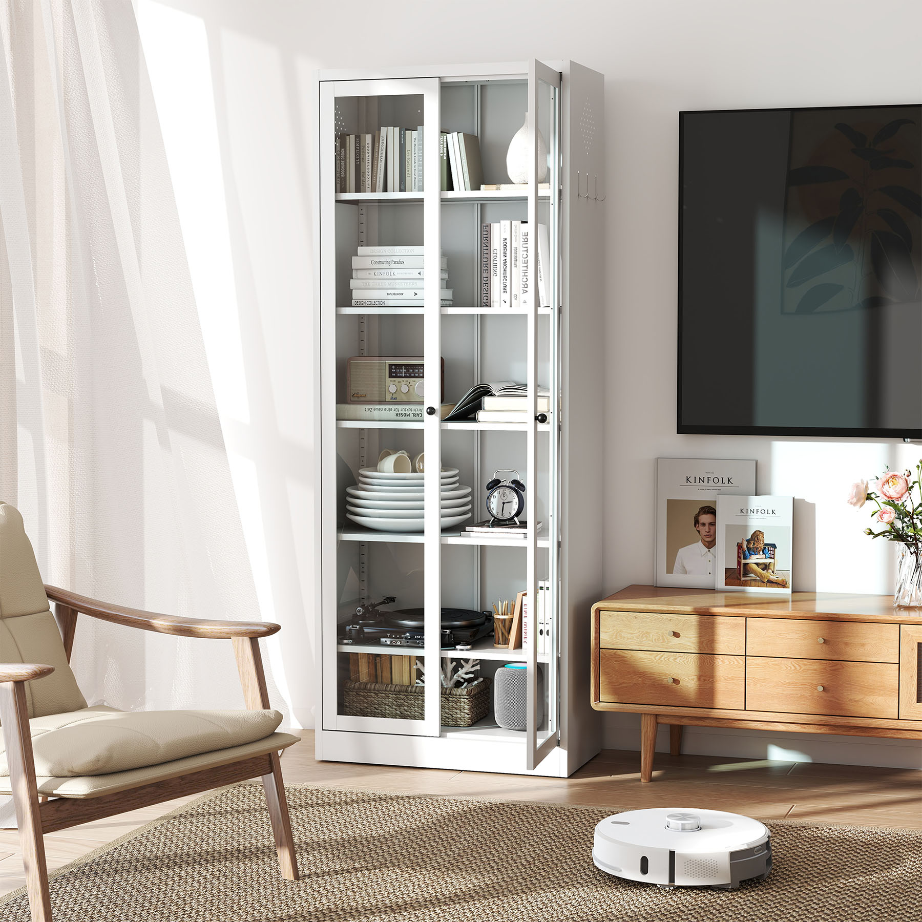 S-HOME Freestanding Metal Pantry Cabinet – White 72 Inch Tall Design with 5 Adjustable Shelves for Kitchen and Bathroom Storage
