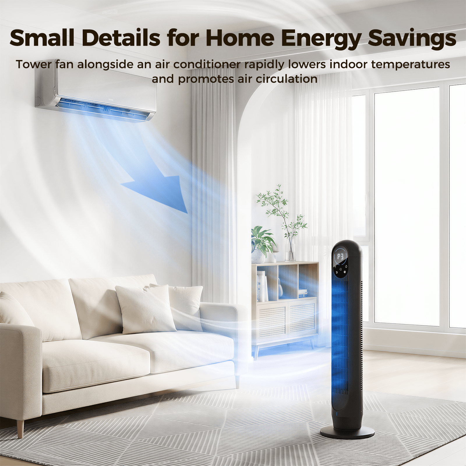 Tower Fan For Home with Remote, 31" Bladeless Floor Fans for Home, 4 Modes & 4 Speeds, 12H Timer, LED Display, Wide Oscillating Wide Cooling for Bedroom, Office