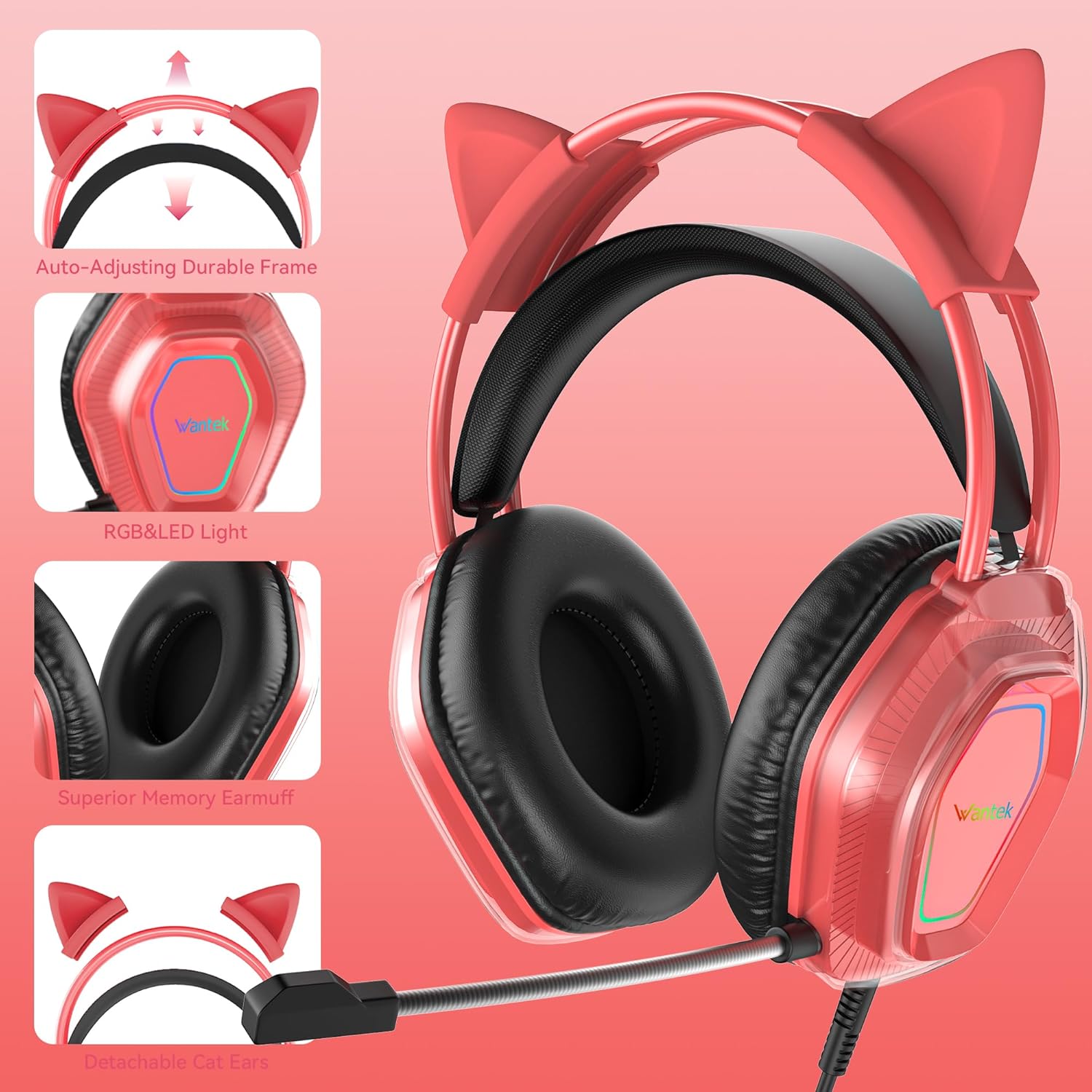 Wantek V10 Cat Ear Style Gaming Headset with comfortable fit and vibrant RGB lighting, Hi-Fi Sound - Red