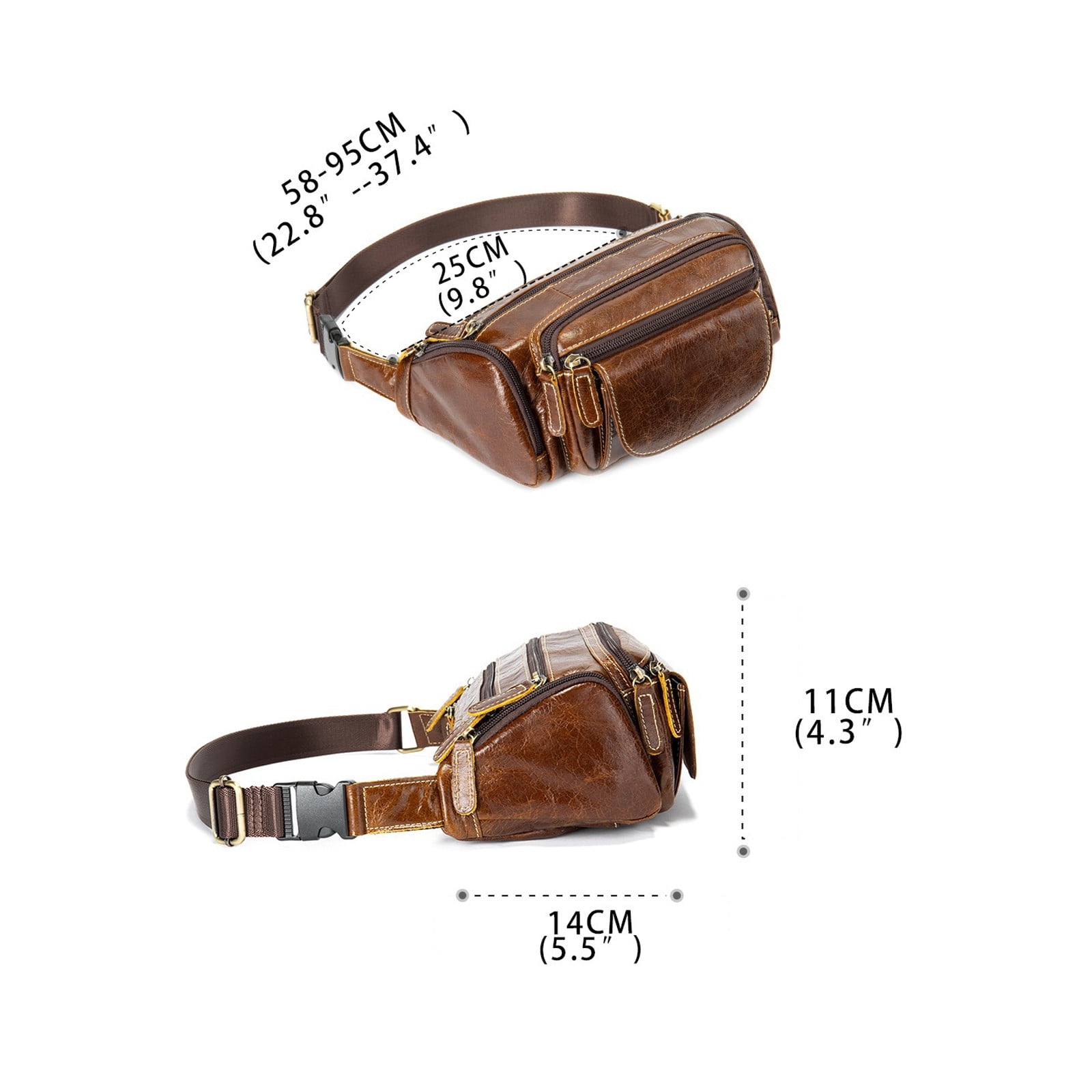 Men’s Genuine Leather Fanny Pack Multi-Pocket Waist Bag with Adjustable Strap and Metal Zipper – Oil Coffee, Dark Coffee, Brown