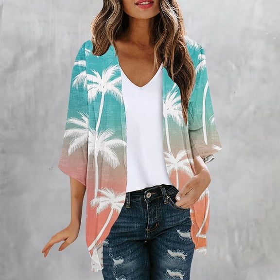 Feancey Womens 3/4 Sleeve Open Front Cardigans Summer Hawaiian Printed Beach Cover Ups Flowy Chiffon Kimono Cardigan Lightweight Casual Sun Jacket Light Blue L