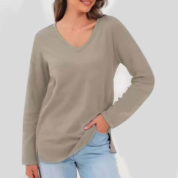 Womens Summer Plus Size Tops Flared Cuffed Casual Solid Long Sleeve Round-Neck Pullover Shirts Casual Blouses Khaki XL