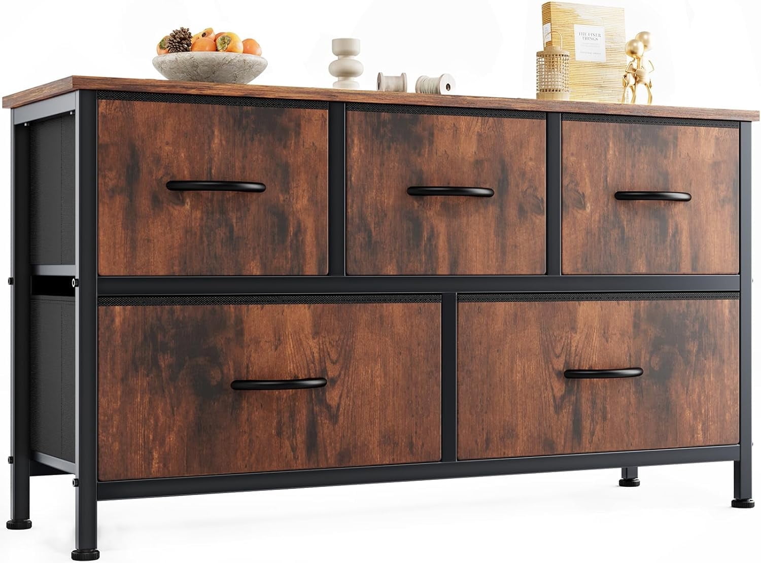 Atilioo 5 Drawers Storage Dresser, Fabric Closet Organizer with Sturdy Wooden Top and Metal Frame, Perfect for Bedroom, Hallway, or Living Room, Brown