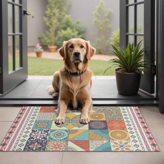 Botanical Floral Patchwork Non-Slip Entryway Door Mat,Boho Indoor Decor Durable Low Plush Door Mat,Washable Welcome Rug for Patio Hallway Home Decor 20x32 Inches