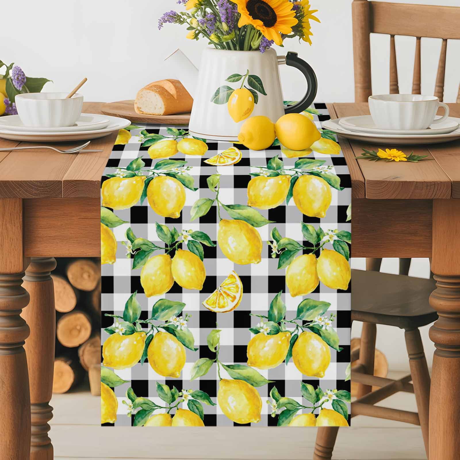 Summer Lemon Fruit Farm Harvest Table Runner 90 Inches Long, Black White Buffalo Plaid Table Runners Tabletop Scarf Kitchen Dining Tables Decoration for Home Party Indoor Outdoor