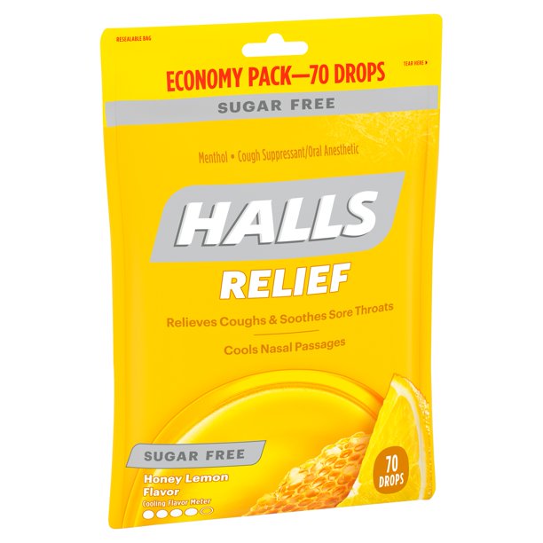 HALLS Relief Honey Lemon Sugar Free Cough Drops, Economy Pack, 70 Drops